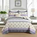 Homzard Floral Comforter Set Queen Size,Purple Lavender Beige Queen Size Quilt Set,All Cotton Quilted Comforter,Striped Floral Pattern Bedding Bedspread, 3 Piece All Season