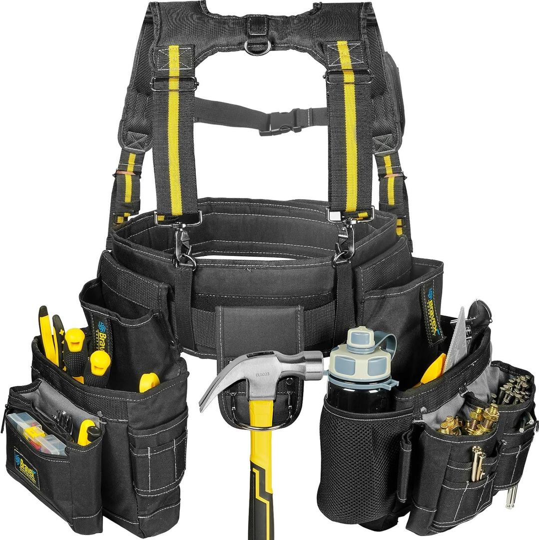 tool belt Suspenders Vest Ultra Anti-Wear, 20-Pocket Pro Framer's Combo Apron and Yoke-style Suspenders-1200D for Men