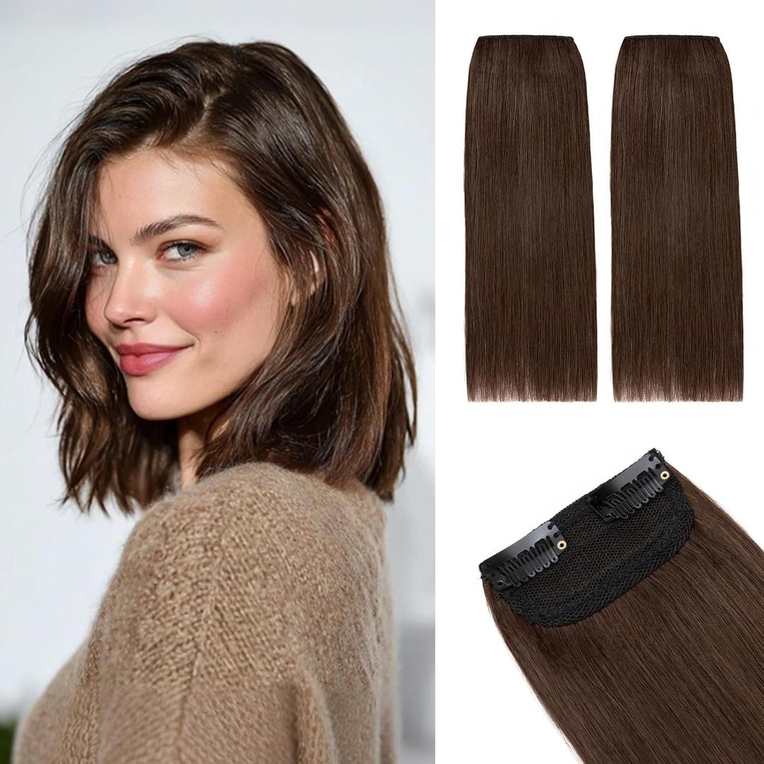 Rich Choices Short Clip in Hair Extensions Real Human Hair - 2PCS Remy Mini Clip ins Hairpiece for Women - Hairs Extensions for Thin Hairs 6 Inch #4 Medium Brown