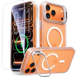 for iPhone 17 Pro Case with Stash Lens Stand and 9H Screen Protector, Compatible with MagSafe, Military-Grade Drop Protection Phone Case for iPhone 17 Pro, 360 Full Protection, Frosted Clear