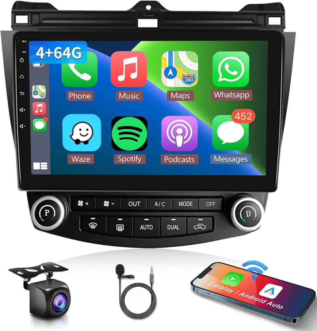 4G+64G Car Radio Stereo for Honda Accord 2003-2007, Wireless CarPlay Android Auto 10.1 Inch IPS Touch Screen Android 13 GPS Head Unit WiFi Bluetooth DSP Audio USB Dual Mic HD Rear Camera