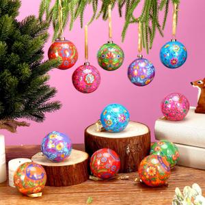 Syhood 12 Pcs Christmas Mexican Ornaments Colorful Hanging Mexican Talavera Ball Ornaments Floral Print Ball for Christmas Tree Decorations, Xmas Stocking Tag, Stocking Stuffer