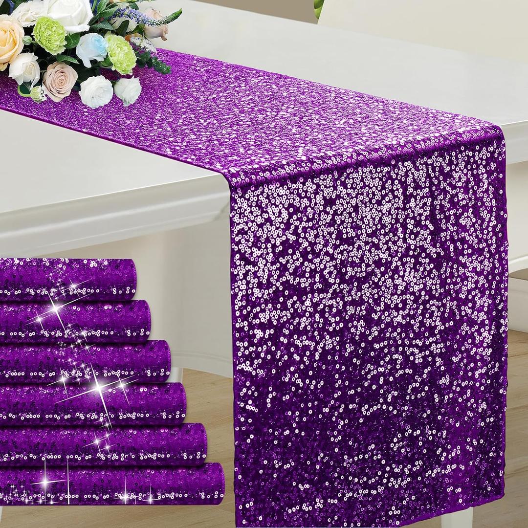 RUDONG M 6 Pack Purple Sequin Table Runner 12 x 108 Inch, Rectangle Glitter Table Runner Dining Table Centerpiece Decorations for Weddings, Banquet, Holiday, Birthday Party