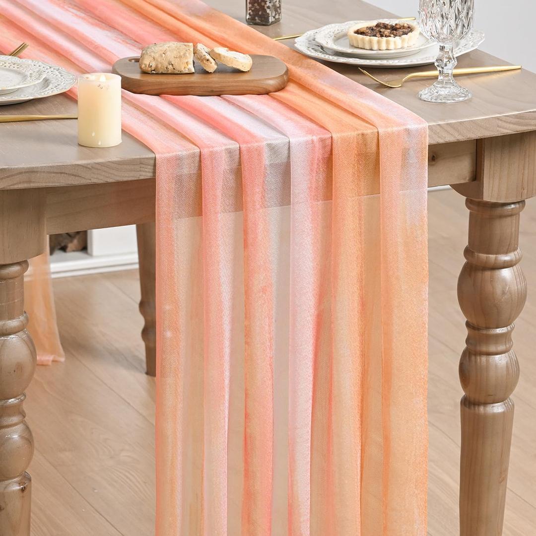 Artoid Mode Boho Orange Stripes Fall Thanksgiving Chiffon Table Runner 120 Inches 10FT,Seasonal Fabric Kitchen Dining Holiday Table Decor for Home Party