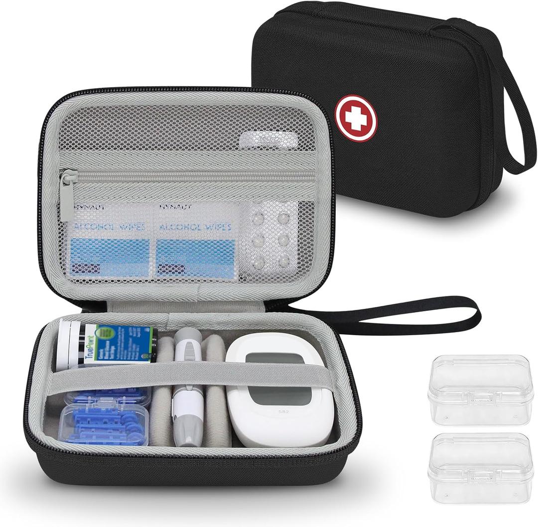 Diabetic Supplies Travel Case, Carrying Case Organizer for Diabetes Testing Kit, Blood Glucose Monitor Kit with Meter, Blood Sugar Test Strips, Lancets, Lancing Device(Case Only) (Gray Interior)