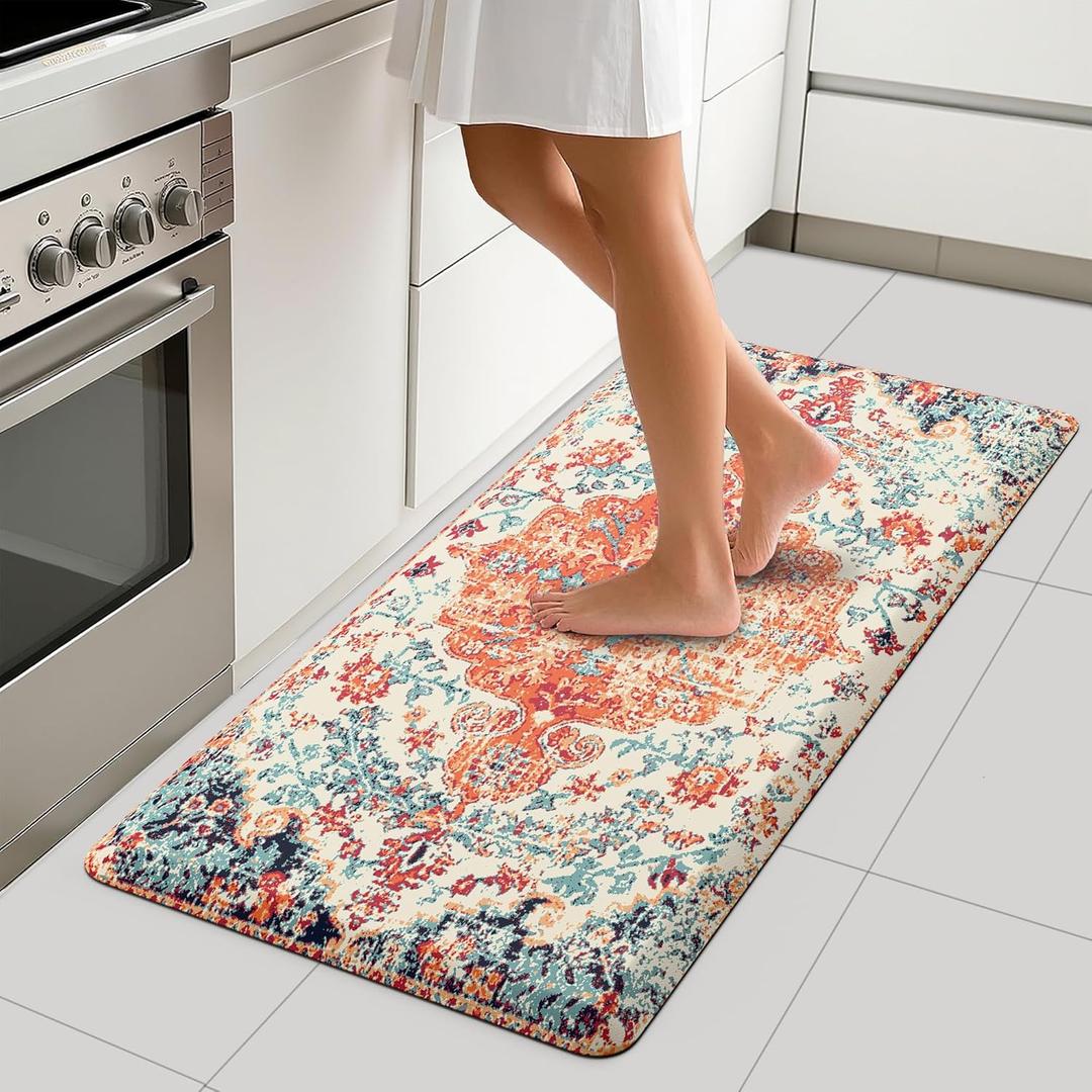 MAYHMYO Boho Kitchen Mat Anti Fatigue Ethnic Kitchen Cushioned Floor Mat Orange Blue Kitchen Rugs Non Slip Rugs for Kitchen Floor Office