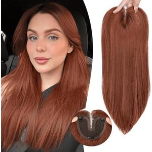 Eawwii Copper Synthetic Hair Toppers for Women with Thinning 5x6 inch Large Base Coverage Clip in Wispy Bangs Upgraded Adjustable Bandage 24 Inch Long Layered