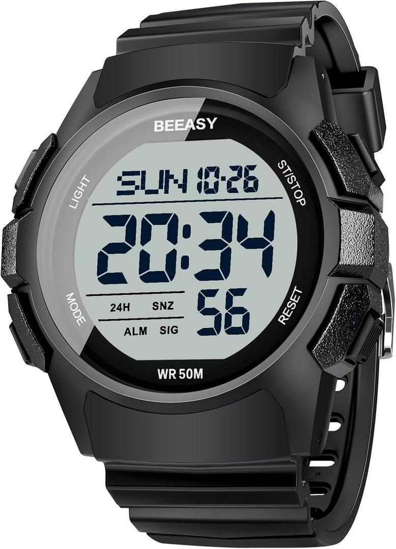 Beeasy Mens Digital Sports Watch, 50M Waterproof 49mm Rubber Strap Mens Watches with Stopwatch, Countdown Timer, Alarm & Dual TimeIdeal for Sport, Gym, Running, Referee, School & Daily Wear (Black)