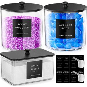 3 Pack Laundry Pods Container, Clear Laundry Room Organization Containers,Large Acrylic Detergent Powder Storage Containers Black Wooden Lids & Labels, Dryer Sheet Holder