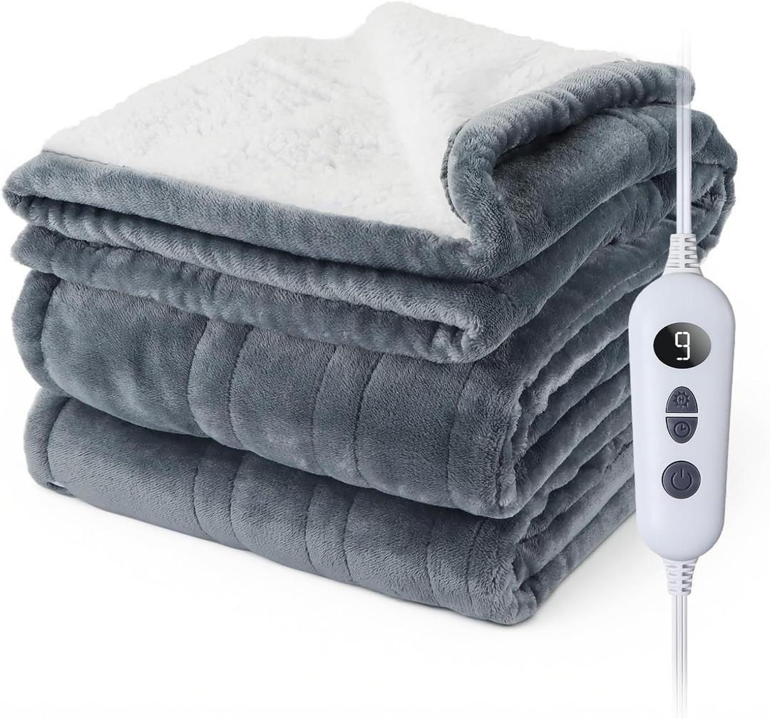 Electric Heated Blanket  50"x60" Flannel Sherpa Electric Throw with 10 Heat Levels and 9 Timer Settings, Auto Shut Off  Cozy Warm Dual-Sided Blanket for Bed, Office, Sofa (Gray)