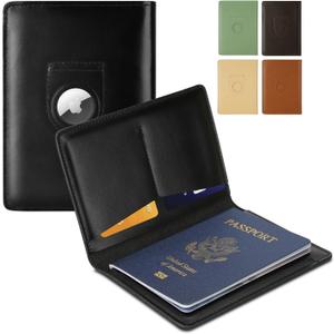 Full Grain Leather AirTag Passport Holder Wallet Cover for Men and Women Travel, Passport Holder with AirTag Slot Passport Wallet, Travel Essentials Genuine Leather Passport Cover Gifts (Black)