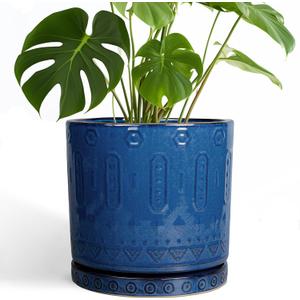 10 Inch Plant Pot - Ceramic Planter Outdoor Plant Pot Indoor with Drainage Holes and Saucer Large Flower Pot Round Decorative Planter for Garden Patio Decor Blue