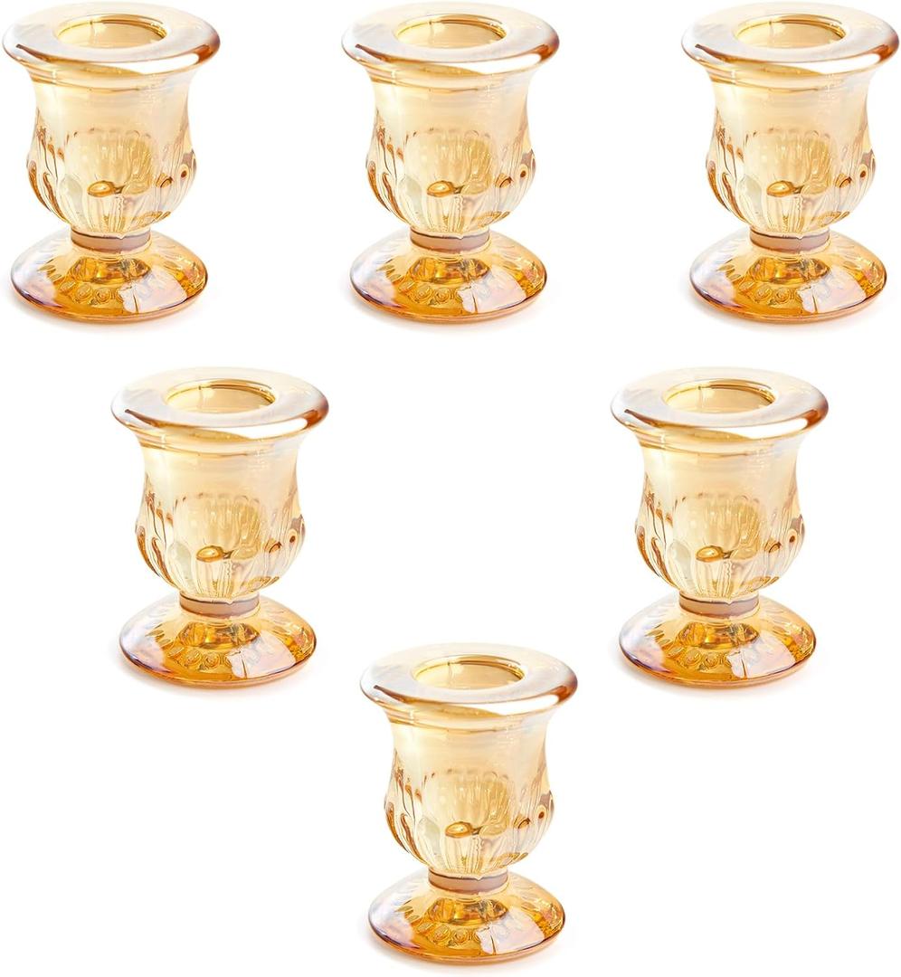 6 Pcs Amber Glass Candle Holders,Vintage Candle Holder,Brown Tea Lights Candle Holder with Color Plated Flower Base for Candlelight Dinner Wedding Party Gift