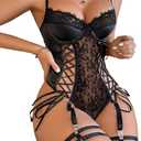 Lilosy Sexy Lace Up Floral Garter Underwire Teddy Bodysuit Lingerie Belt Women Top One Piece (Black, XL)