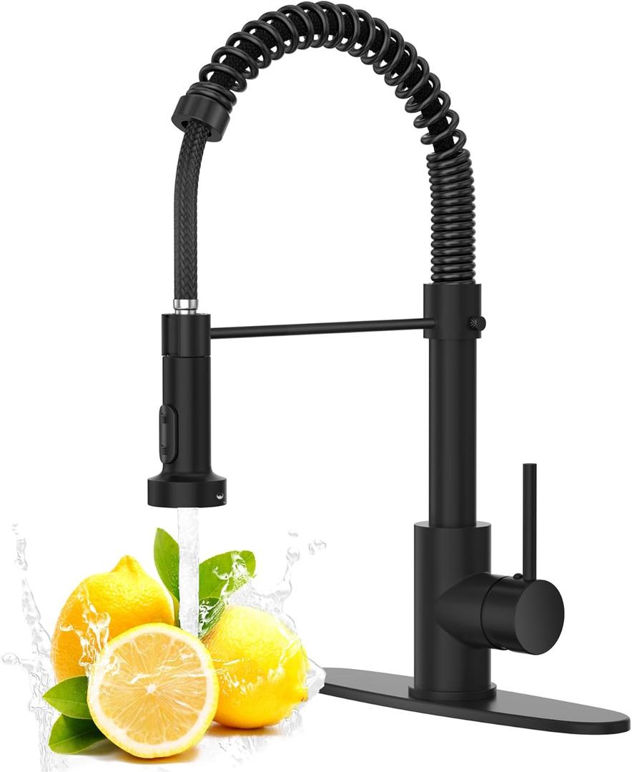 Black Kitchen Faucet with Pull Down Sprayer, High Arc Spring 304 Stainless Steel Commercial Kitchen Sink Faucet,1 or 3 Hole Installation for Farmhouse, RV Camper, Laundry & Utility Sink