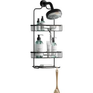 Zenna Home Rustproof Hanging Shower Caddy, Over the Shower Head Caddy with 2 Shelves and Built In Hooks, Aluminum Bathroom Hanging Organizer, Bronze
