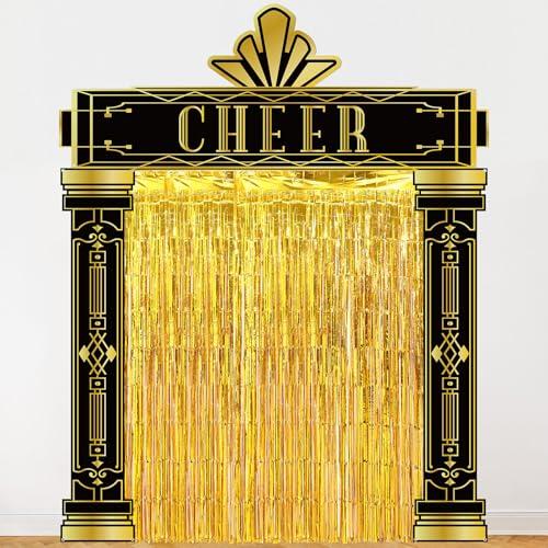 Tingjoo 6 Pcs Roaring 20s Party Decorations Set Black and Gold Door Cover Banner with Gold Tinsel Fringe Curtain Backdrop 1920s Birthday Speakeasy Awards Night Vintage Jazz Flapper Wedding Supplies