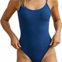 Women's One Piece Bathing Suit Swimsuit, Low Back, Medium High Leg Cut, Medium Cheeky Bottom Coverage (Blue, M)