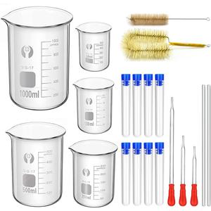 Glass Beakers Set, ZEEROQOLAB 5pcs Measuring Beaker 1000ml 500ml 250ml 100ml 50ml with 2pcs Cleaning Brush, 3pcs Droppers and 2pcs Glass Stirring Rods