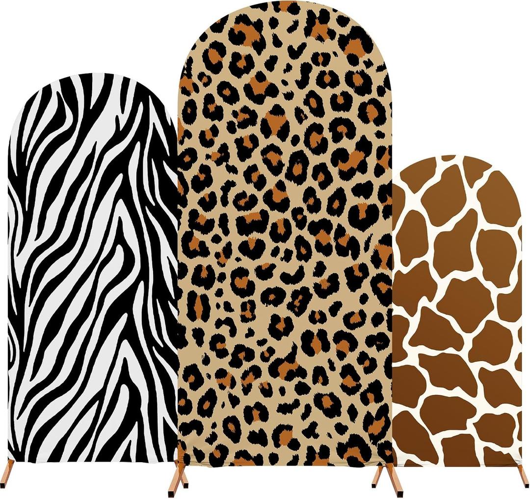 Tingjoo Set of 3 Wild Animal Arch Backdrop Cover, 4ft, 5ft, 6ft Jungle Safari Theme Birthday Party Decoration, Spandex Fitted Arch Stand Covers for Wild Jungle Birthday Party(Khaki, Wild Animal)