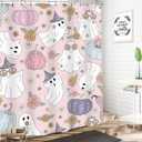 LIGHTINHOME Pink Halloween Shower Curtain 60Wx72H Inches 70s Retro Funny Ghost Y2K Cute Autumn Pumpkin Purple Flower Hippie Groovy Cloth Fabric Waterproof Polyester Bathroom Home Decor Set with Hooks