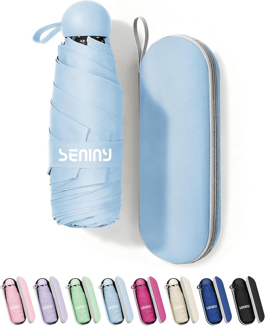 Seniny Mini Portable Travel Umbrella with Case - Compact Umbrellas for Rain & Sun UV Protection for Backpack Pocket, Lightweight Folding Small Umbrella, Tiny Purse Size UV Blocker for Kids Women Girls