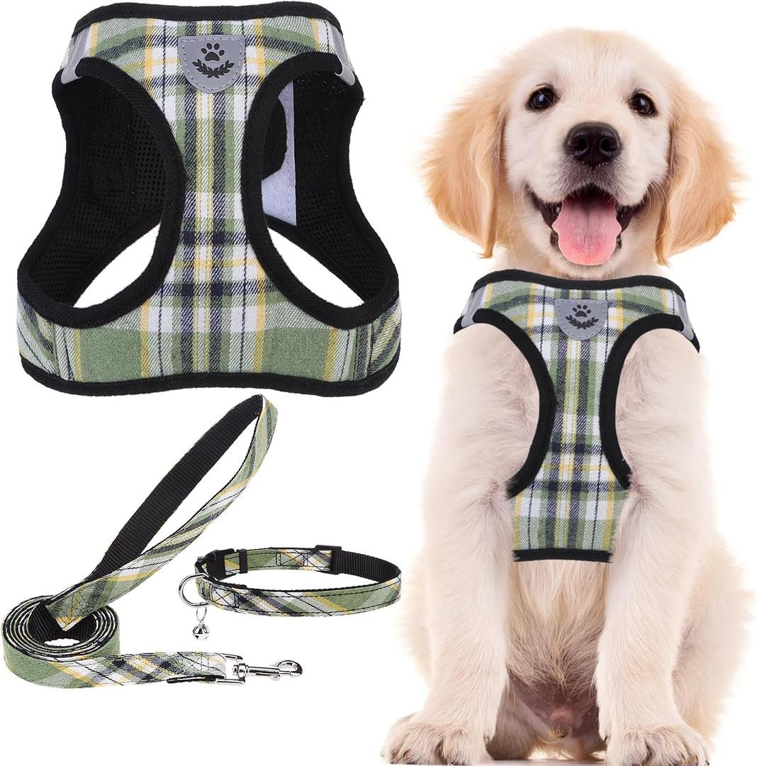 PUPTECK Adjustable Dog Harness Collar and Leash Set Step in No Pull Pet Harness for Small Medium Dogs Puppy and Cats Outdoor Walking Running, Soft Mesh Padded Reflective Vest Harnesses, Grn&YLW, L (L (CHEST 18"-20"))