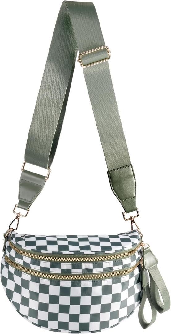 Spacious Checkered Nylon Crossbody Bag Bum Bag Checkered Handbags Wallets for Women (Beans Green Checkered)