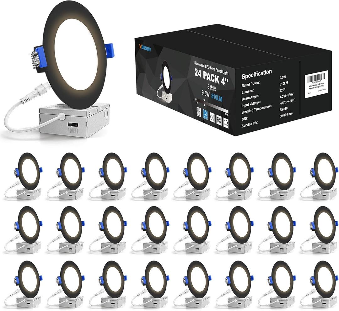 VOLISUN 24 Pack 4 inch Recessed Lighting, 5CCT LED Recessed Light Black, 2700K-5000K Selectable, 9.5W Eqv 80W, 810LM Dimmable Canless Wafer Downlight, LED Ceiling Light ETL Certificated