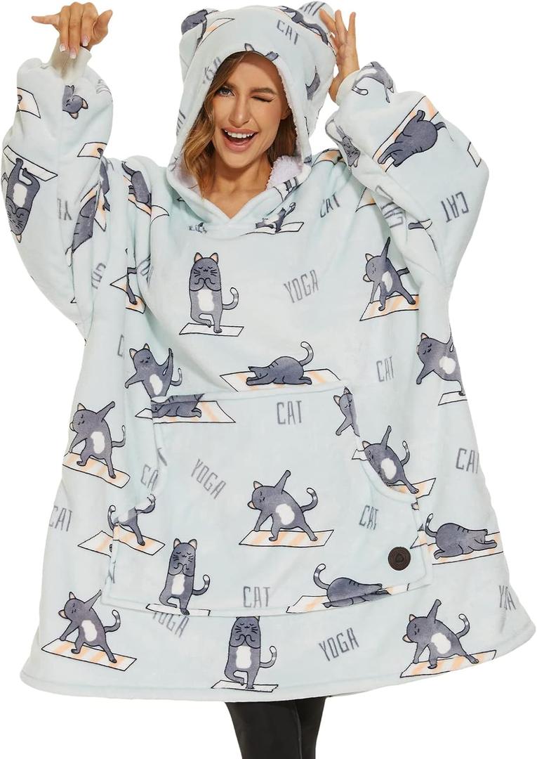 THREE POODLE Wearable Blanket Hoodie for Women, Oversized Sherpa Sweatshirt Blanket for Adults Men, Cozy Cat Hooded Blankets, Gifts for Teen Girls Women Mom Sister