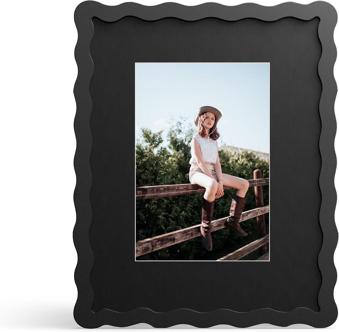 8x10 Picture Frame with Mat for 5x7, Wavy Edge Wooden Real Glass Photo Frame for Tabletop and Wall Hanging, Black, 1 Pack