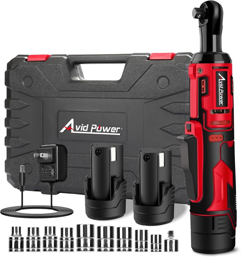 AVID POWER Cordless Electric Ratchet Wrench 3/8", 44.2 Ft-lbs 12V Power Ratchet Wrench Kit w/Two 2.0Ah Batteries, 1-Hour Fast Charger, Variable Speed and 10 Sockets (Red)