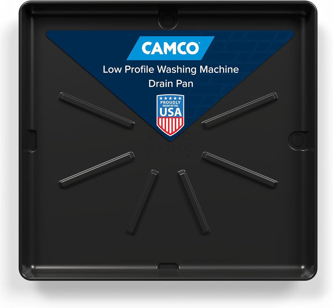 Camco Low Profile Washing Machine Drain Pan with PVC Fitting - 29 inch x 33 inch ID and 30.5 inch x 34.5 inch OD - Protects Your Floors from Washing Machine Leaks - Easy to Use - Graphite - 20784
