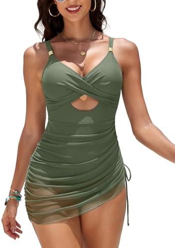 ZAFUL Women Sexy Cut Out One Piece Swimsuit Mesh Sheer Ruched Tie Swim Dress Bathing Suit Swimwear 2025, Large