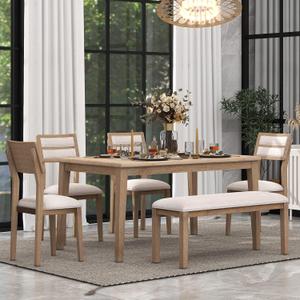 Classic and Traditional Style 6-Piece Dining Table Set for 6, Includes 1 Table, 4 Upholstered Chairs & Bench, Ideal for Kitchen, Living Room, Natural Wood Wash