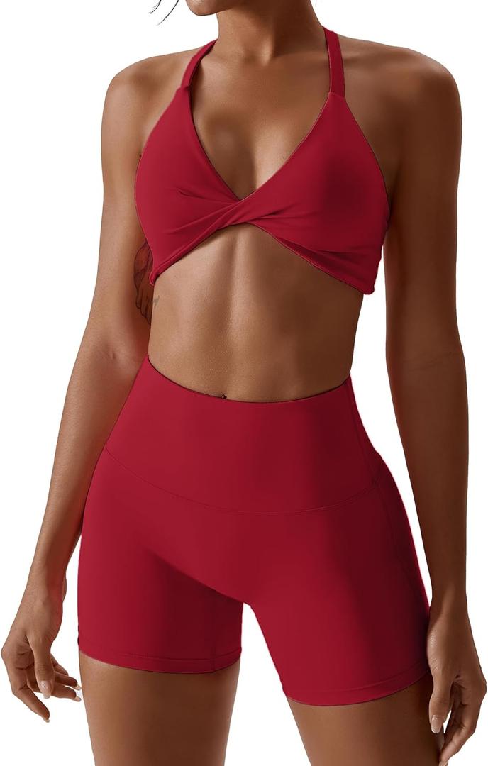 ABOCIW Workout Sets for Women 2 Piece Twist Front Halter Sports Bras High Waist Biker Shorts Exercise Gym Yoga Outfit (Small, Cherry Red)