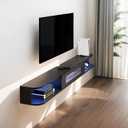 Floating TV Stand with LED Lights, 47'' Solid Wood Wall Mounted TV Cabinet with Glass Door, Mid-Century Entertainment Media Console Center Large Storage Shelf Under TV (47.24IN, Black)