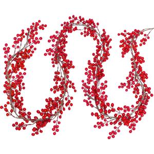 Lulu Home Red Berry Garland, 8.9FT Flexible Artificial Christmas Holly Berry Vine, Winter Berry Garland for Mantle Xmas Tree Window Door Hanging Indoor Outdoor Holiday Decoration (1)