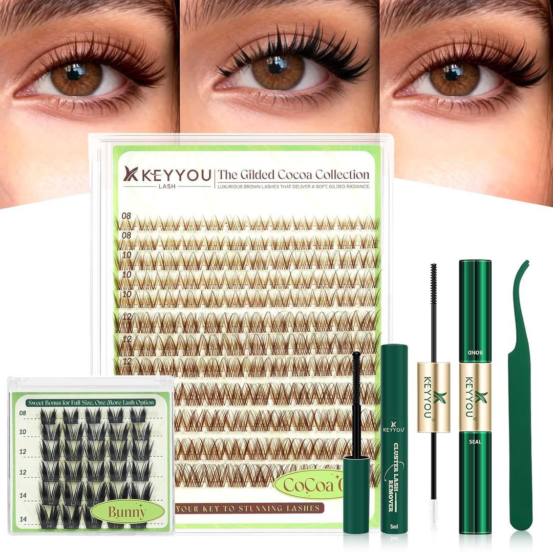 KEYYOU Spider Brown Lash Clusters Kit - Natural Wispy C Curl Manga 8-16mm Lash Extension Kit Includes Bonus Bunny Black Lashes with Bond and Seal, Remover & Applicator for DIY At Home (CoCoa04)