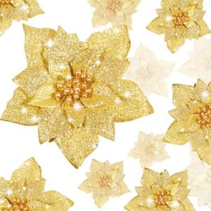 WILLBOND 36 Pieces Christmas Glitter Poinsettia 3/4/6 Inch Faux Flowers Christmas Flowers Decorations Wedding Xmas Tree New Year Ornaments(Gold)