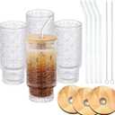Vintage Glass Cups with Bamboo Lids and Straws4Sets 11oz Iced Coffee Cups for Women, Aesthetic Glass Tumblers for Juice, Cocktail, Whiskey Housewarming Gifts for New Home, Coffee Bar Accessories