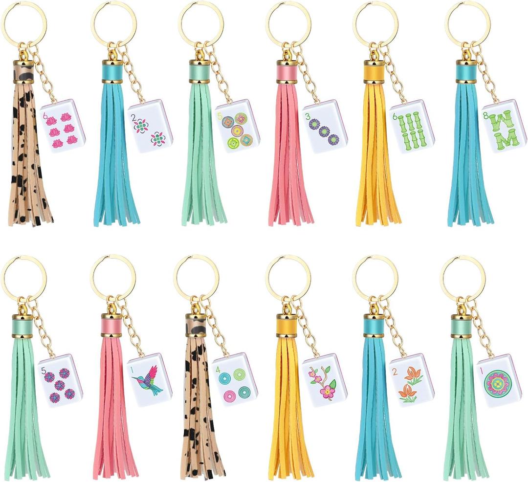 Liliaafar 12 Pcs Mahjong Keychain with Tassel Funny Acrylic Mahjong Tile Keychain Gifts for Party Favor Women Mah Jong Lovers(Minimal)