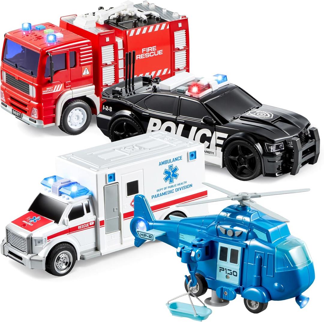 JOYIN 4 Packs Emergency Vehicle Toy Playsets, Friction Powered Vehicles with Light and Sound, Including Fire Truck, Ambulance, Play Police Car and Helicopter, Toddler Kids Boys Gifts