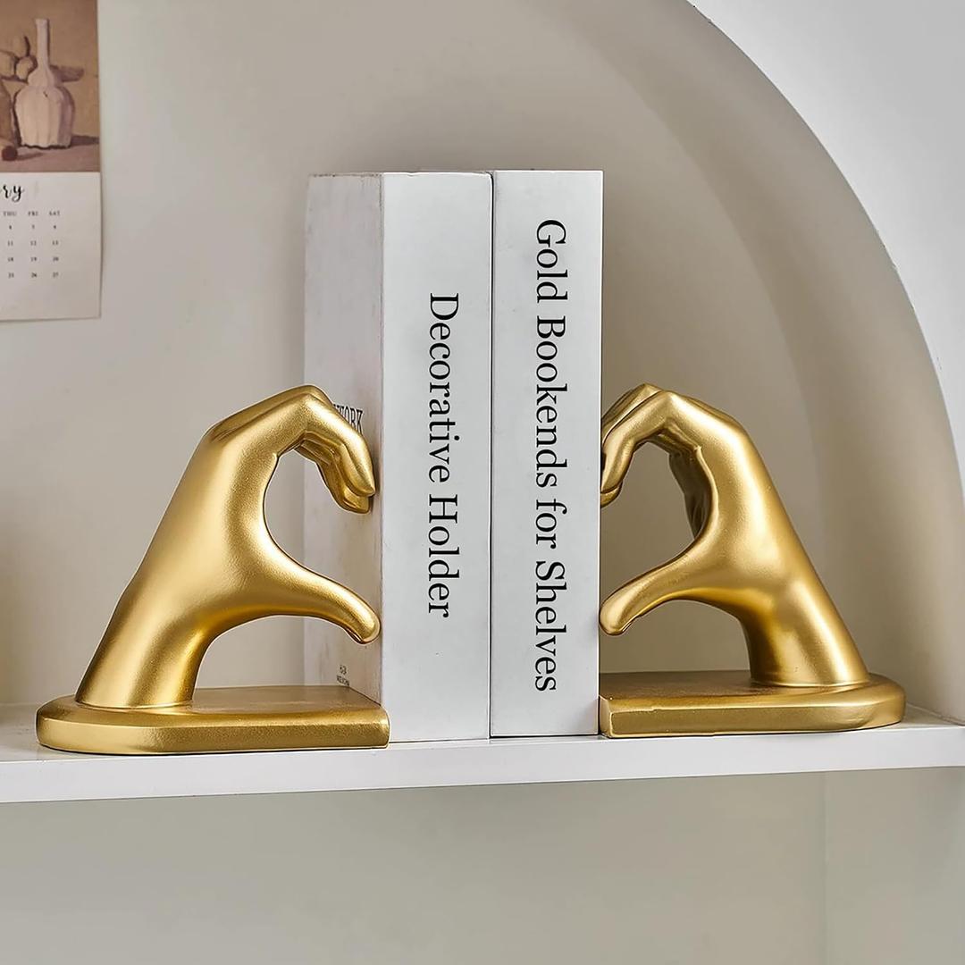 Steviieden Decorative Bookends, Solid Hearthands Sculpture Book Stopper Decor Book Holder for Shelf Home Office Bedroom Living Room (Gold)