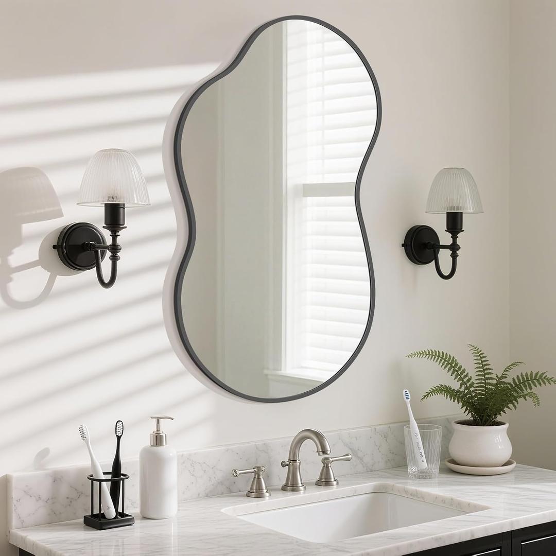 HOMECOOKIN Irregular Wall Mirror, Asymmetrical Decorative Mirror with Black Aluminum Frame, 36" H x 20" W, for Living Room, Bedroom, Bathroom, Entryway