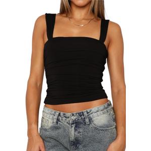 TiulZial Square Neck Tank Top Woman - Double Lined Going Out Tops Summer Ruched Backless Crop Strappy Cute (Black,S)
