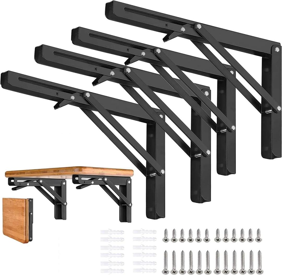 Folding Shelf Brackets 18 inch 4 Pcs - DIY Wall Mounted Shelf Bracket for Garage Workstation, Stuff Supports, Plant Stand - Heavy Duty Metal Collapsible Floating Shelf Bracket Black