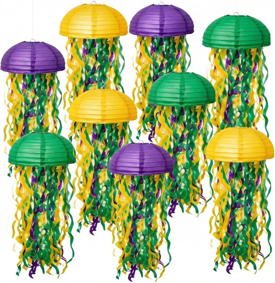Frienda 9 Pcs Mardi Gras Decorations Purple Gold Green Hanging Paper Lanterns for Mardi Gras Party Accessories Carnival Floats Supplies Gillter Decor Ornament