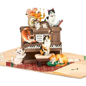POPWOW Lovely Cats on Piano Pop Up Card, Funny, Cute, Cat Themed, 3D Greeting Card, Ideal Gifts for Cat Lover, Birthday, Valentines, Mother's Day, Kids, 5x7 - Includes Envelope And Message Note
