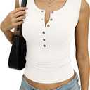 EasyGala Womens Henley Tank Top Cotton Ribbed Crewneck Vest Button Down Sexy Fitted Sleeveless Going Out Top Summer Clothes 2026 Pure White XS